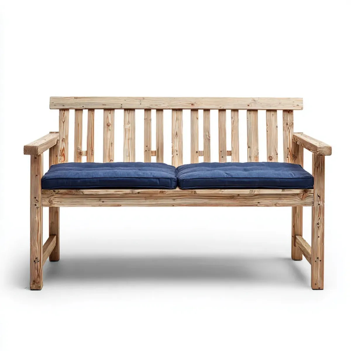 Banc de jardin 2 places en pin massif naturel avec coussins bleu marine rectangulaire 120 x 65 x 90 cm