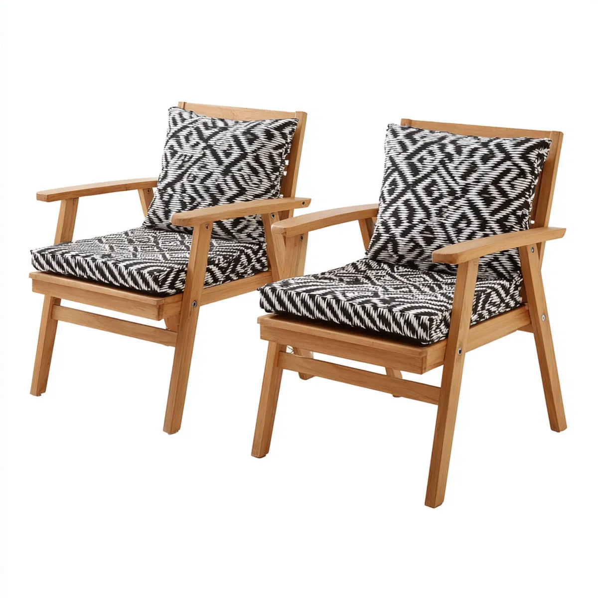 Lot de 2 fauteuils lounge de jardin noir et blanc en acacia massif avec coussins 65 x 75 x 82 cm
