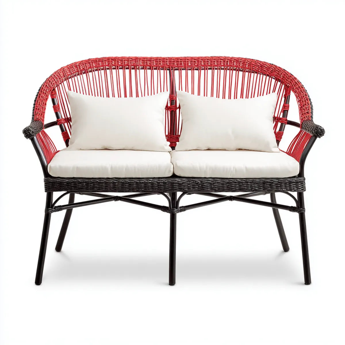Banc de jardin 2 places rouge et noir en rotin synthétique avec coussins 120 x 65 x 85 cm
