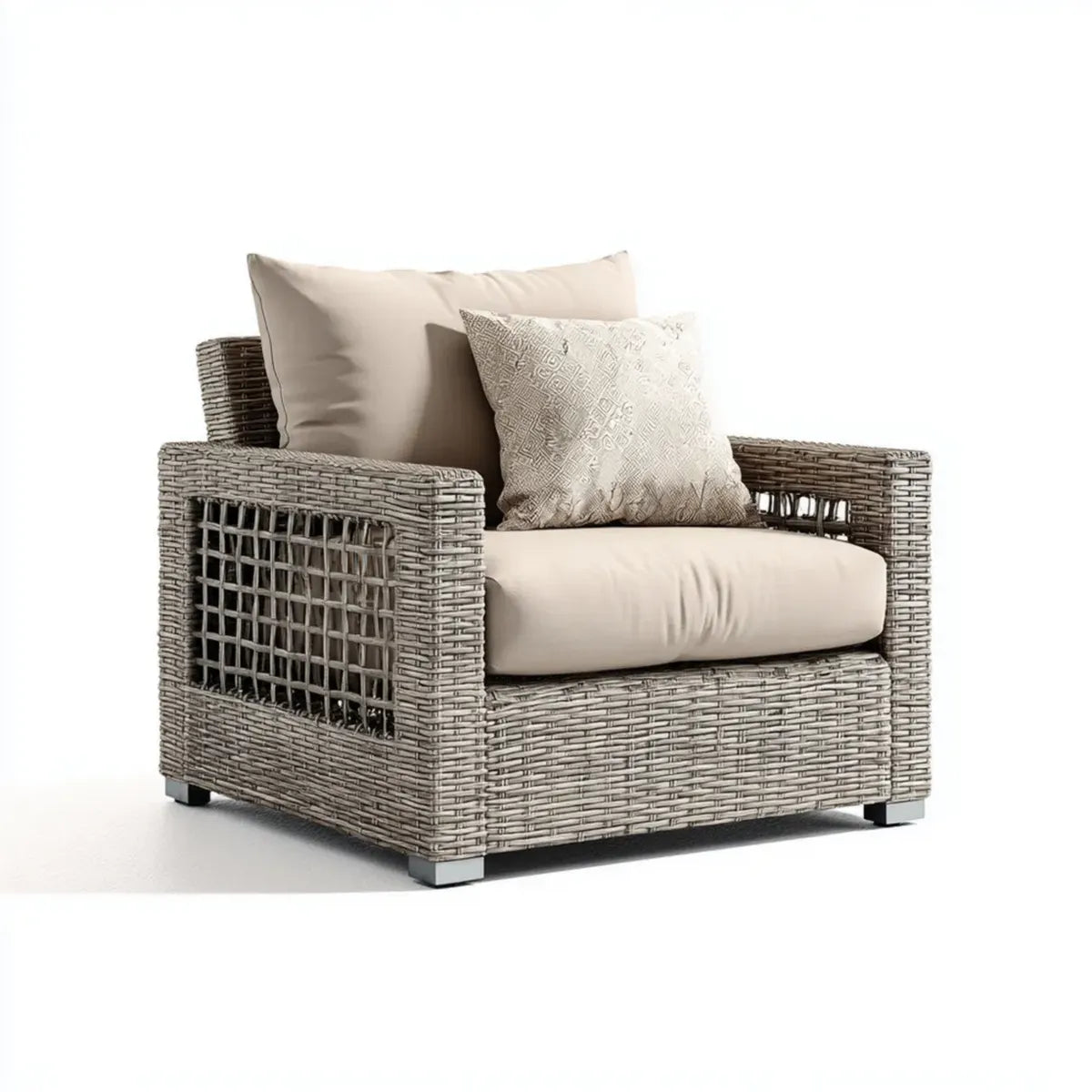 Fauteuil lounge de jardin en résine tressée gris beige avec coussins 90 x 85 x 75 cm