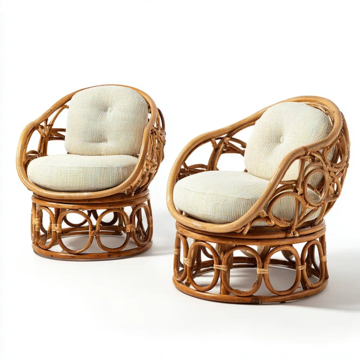 Lot de 2 fauteuils lounge en rotin naturel marron avec coussins crème 72 x 70 x 82 cm