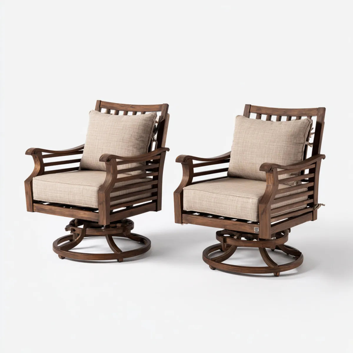 Lot de 2 fauteuils lounge de jardin pivotants marron beige en acacia massif 78 x 80 x 94 cm avec coussins polyester