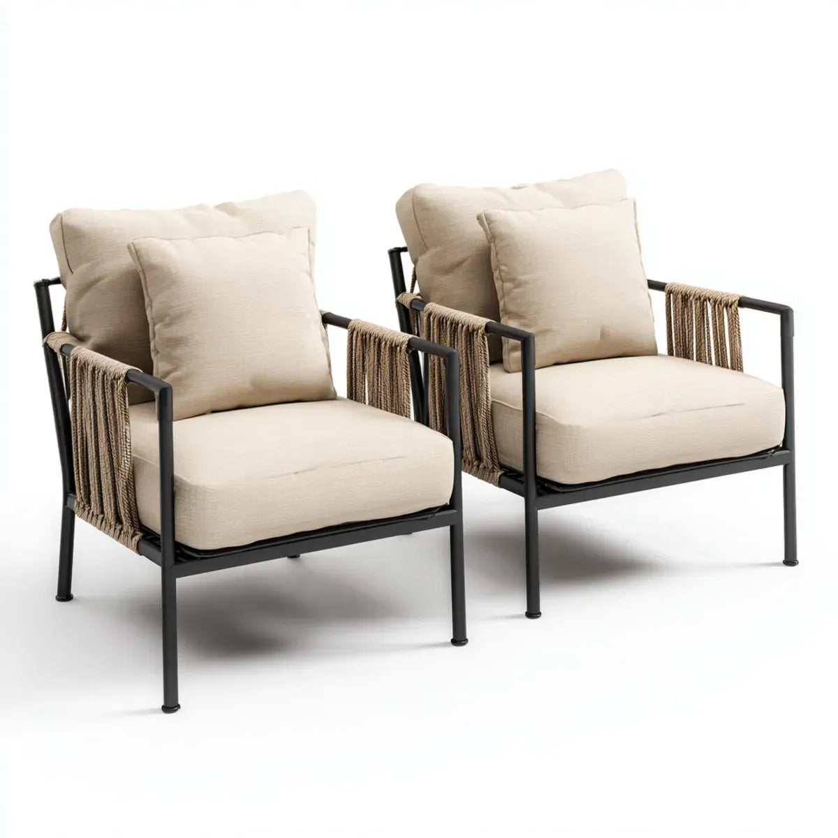 Lot de 2 fauteuils lounge de jardin beige en acier et corde polyester 72 x 78 x 78 cm