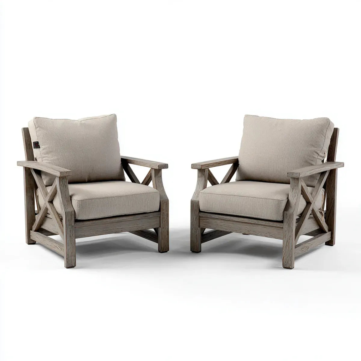 Lot de 2 fauteuils lounge de jardin beige et gris en bois massif avec coussins 75 x 80 x 85 cm